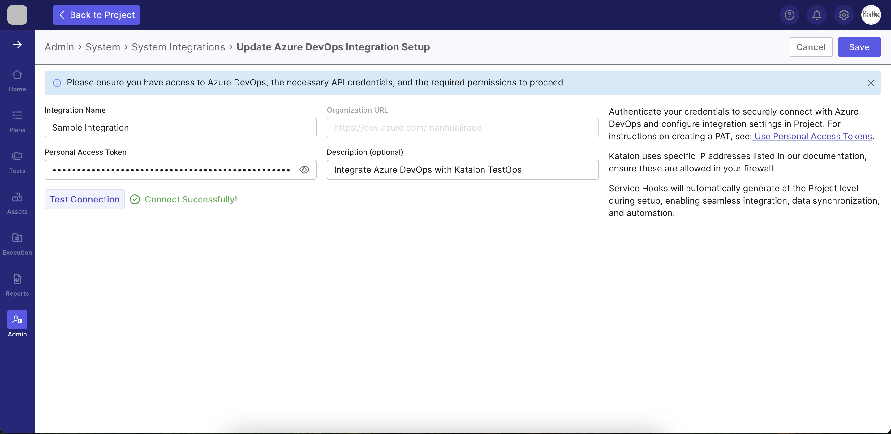 The Azure DevOps integration connecting successfully in Katalon TestOps.